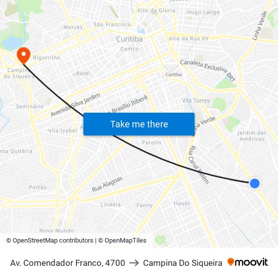 Av. Comendador Franco, 4700 to Campina Do Siqueira map