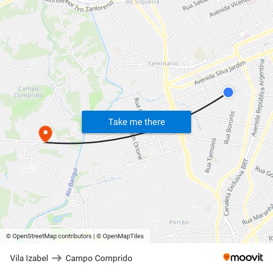 Vila Izabel to Campo Comprido map