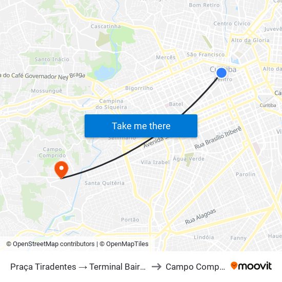 Praça Tiradentes → Terminal Bairro Alto to Campo Comprido map