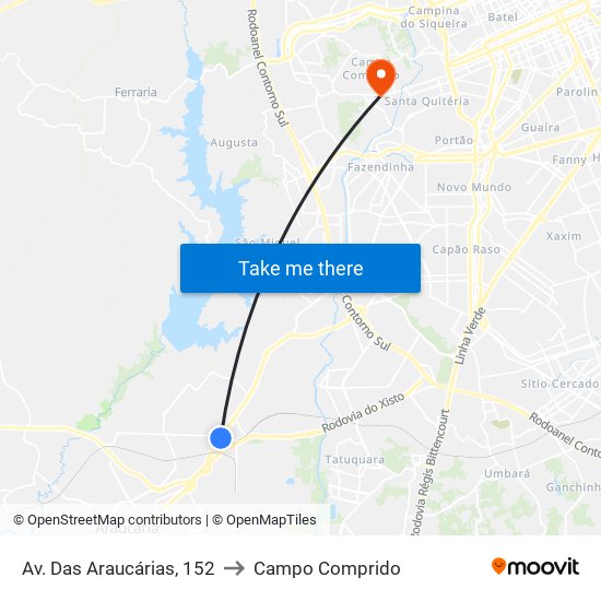 Av. Das Araucárias, 152 to Campo Comprido map