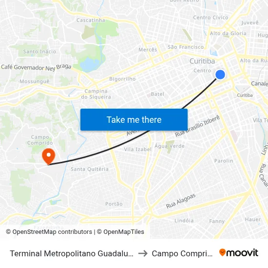 Terminal Metropolitano Guadalupe to Campo Comprido map