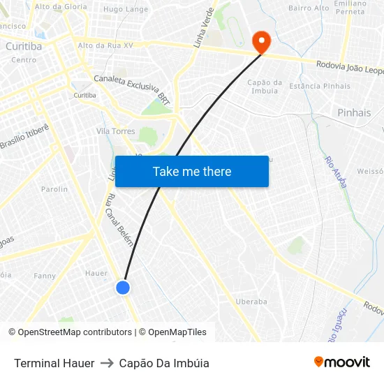 Terminal Hauer to Capão Da Imbúia map