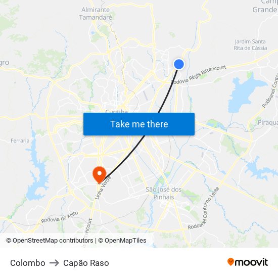 Colombo to Capão Raso map