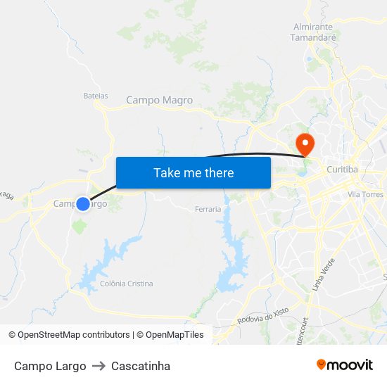 Campo Largo to Cascatinha map