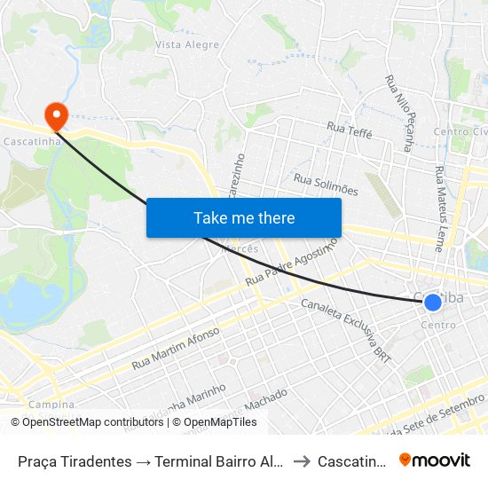 Praça Tiradentes → Terminal Bairro Alto to Cascatinha map