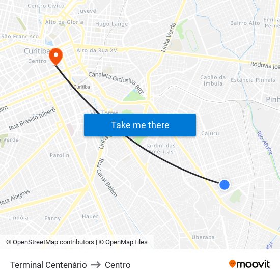 Terminal Centenário to Centro map