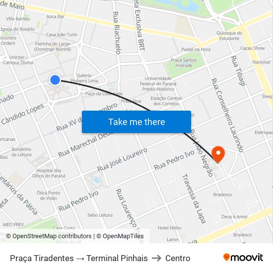 Praça Tiradentes → Terminal Pinhais to Centro map