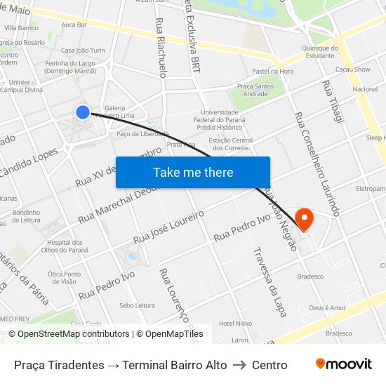 Praça Tiradentes → Terminal Bairro Alto to Centro map
