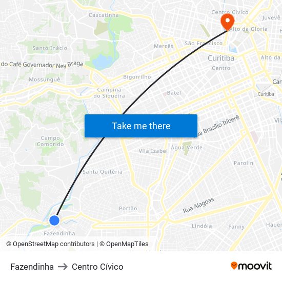 Fazendinha to Centro Cívico map