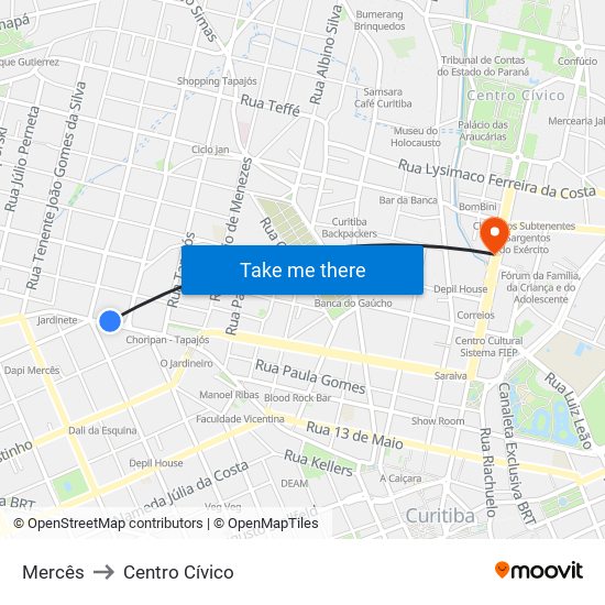 Mercês to Centro Cívico map