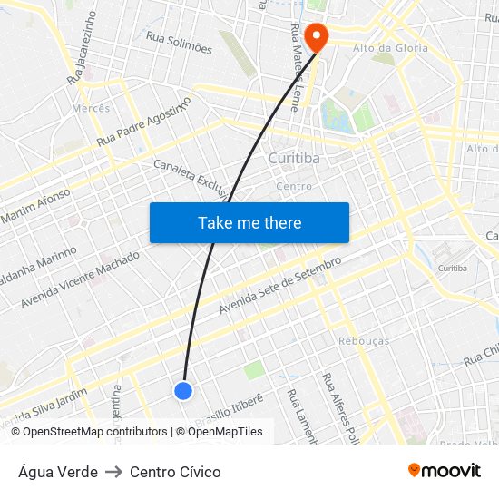 Água Verde to Centro Cívico map