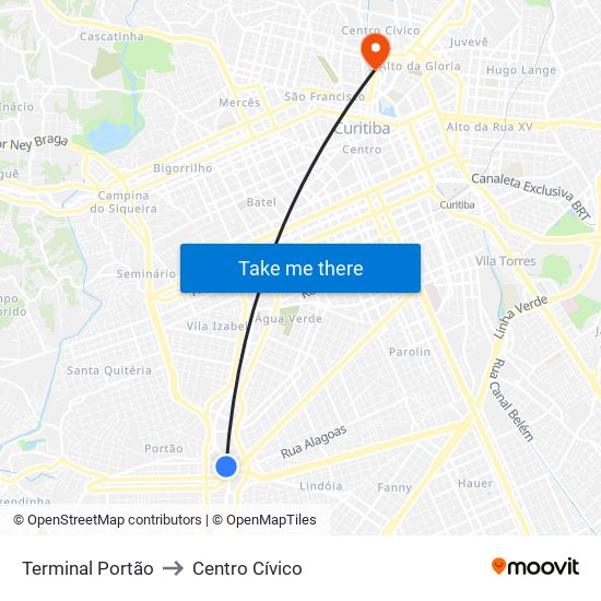 Terminal Portão to Centro Cívico map