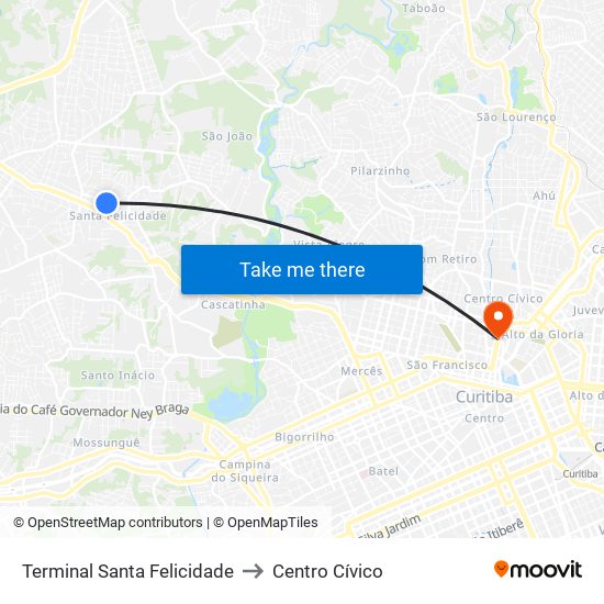 Terminal Santa Felicidade to Centro Cívico map