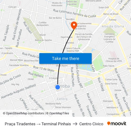Praça Tiradentes → Terminal Pinhais to Centro Cívico map