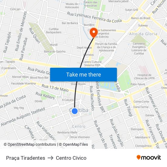 Praça Tiradentes → Terminal Bairro Alto to Centro Cívico map
