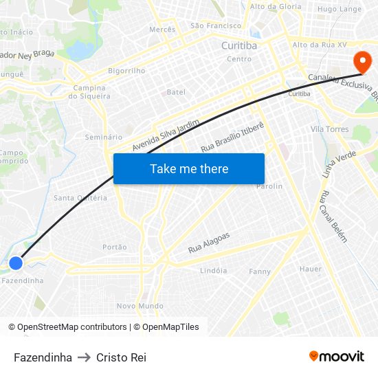 Fazendinha to Cristo Rei map