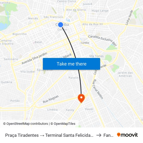 Praça Tiradentes → Terminal Santa Felicidade to Fanny map