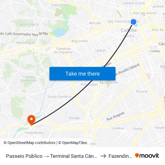 Passeio Público → Terminal Santa Cândida to Fazendinha map
