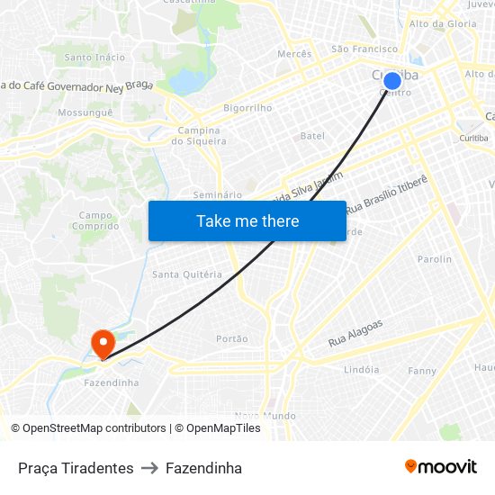 Praça Tiradentes → Terminal Bairro Alto to Fazendinha map