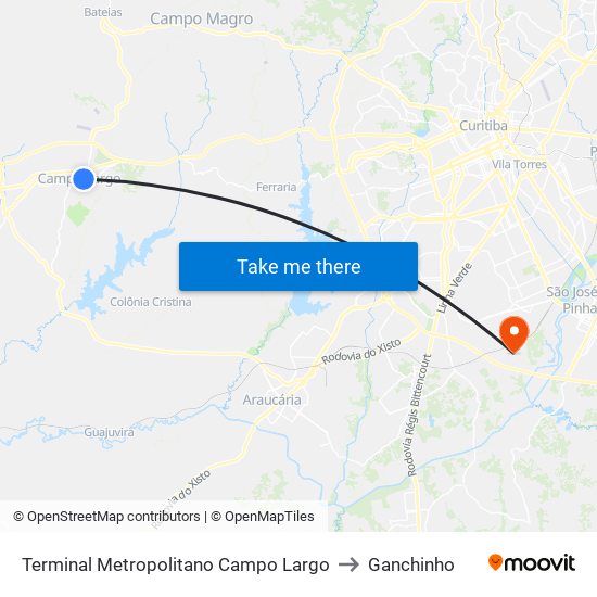 Terminal Metropolitano Campo Largo to Ganchinho map