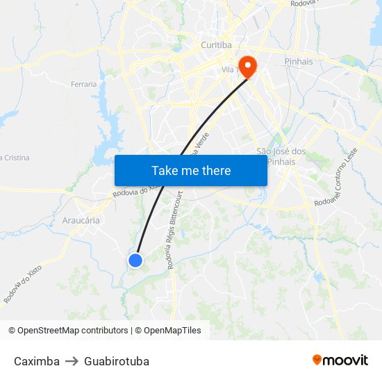 Caximba to Guabirotuba map