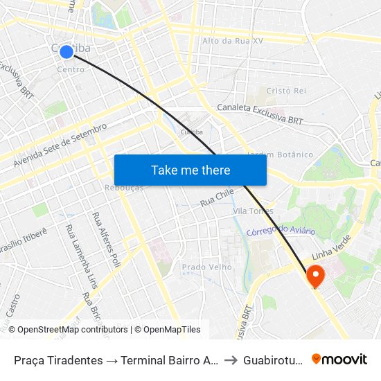 Praça Tiradentes → Terminal Bairro Alto to Guabirotuba map