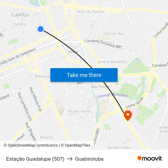 Estação Guadalupe (507) to Guabirotuba map