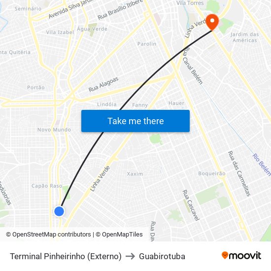 Terminal Pinheirinho (Externo) to Guabirotuba map