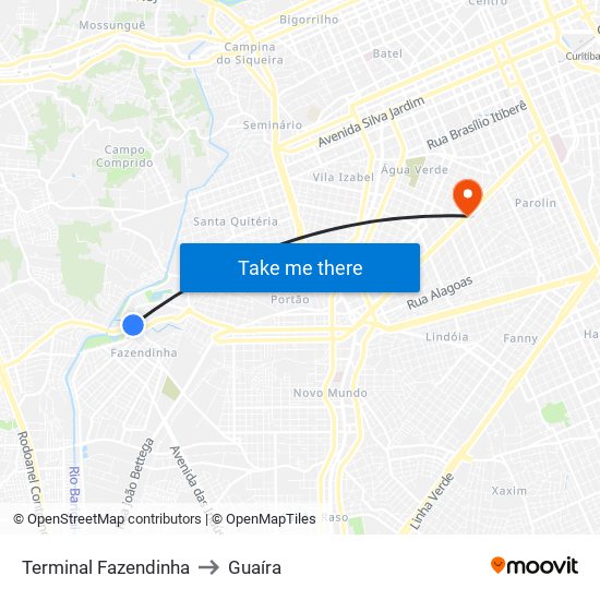 Terminal Fazendinha to Guaíra map