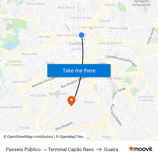 Passeio Público → Terminal Capão Raso to Guaíra map