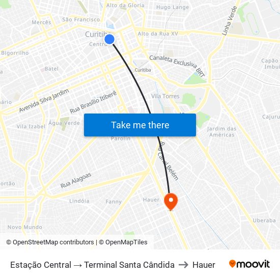 Estação Central → Terminal Santa Cândida to Hauer map