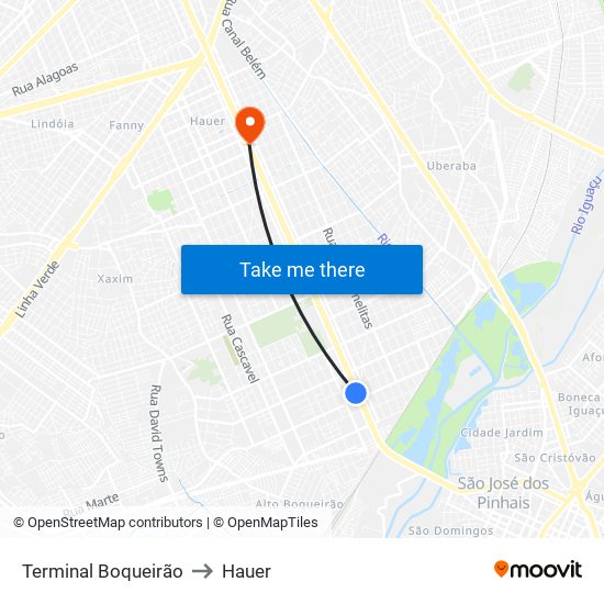 Terminal Boqueirão to Hauer map