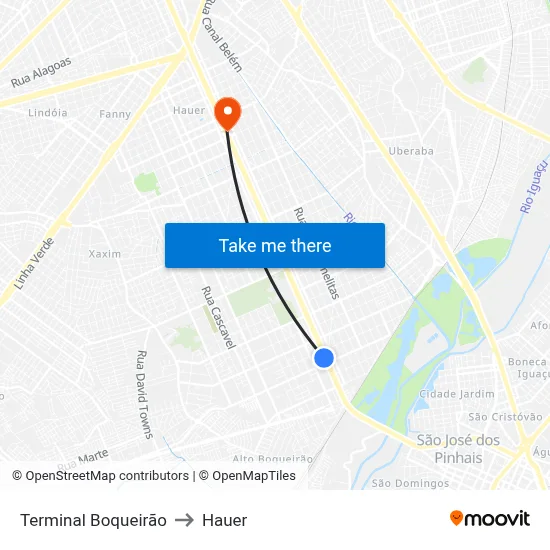 Terminal Boqueirão to Hauer map