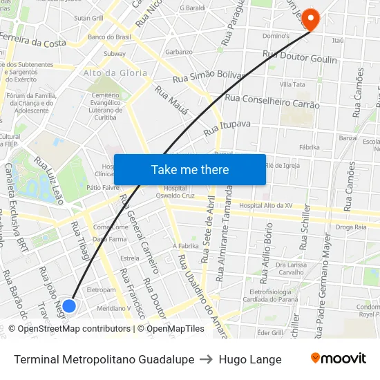 Terminal Metropolitano Guadalupe to Hugo Lange map