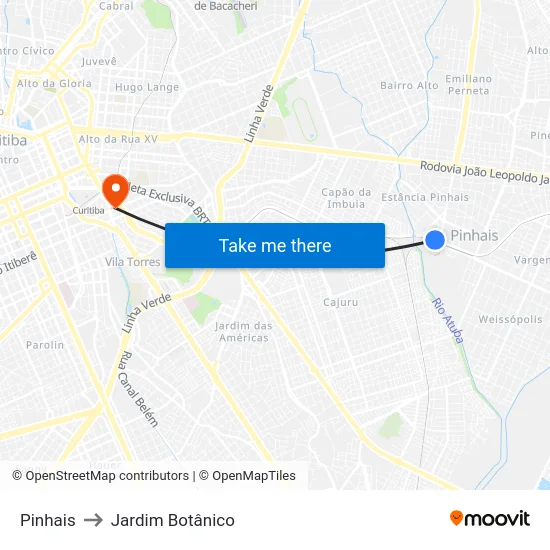 Pinhais to Jardim Botânico map