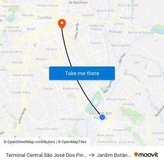 Terminal Central São José Dos Pinhais to Jardim Botânico map