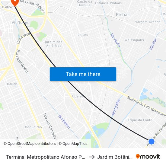 Terminal Metropolitano Afonso Pena to Jardim Botânico map