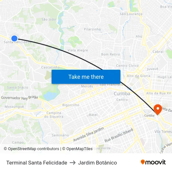 Terminal Santa Felicidade to Jardim Botânico map