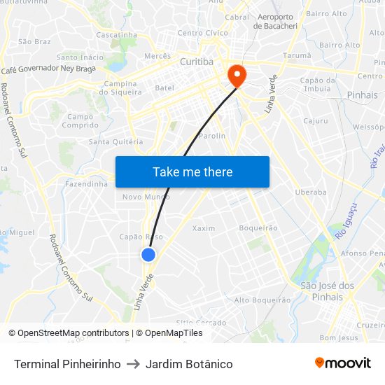 Terminal Pinheirinho to Jardim Botânico map