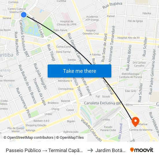 Passeio Público → Terminal Capão Raso to Jardim Botânico map