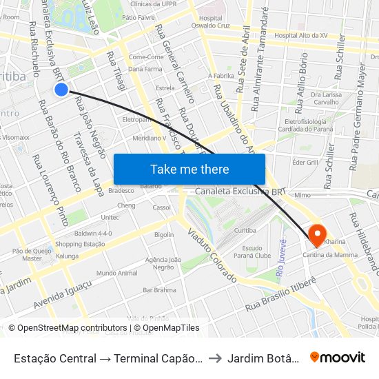 Estação Central → Terminal Capão Raso to Jardim Botânico map