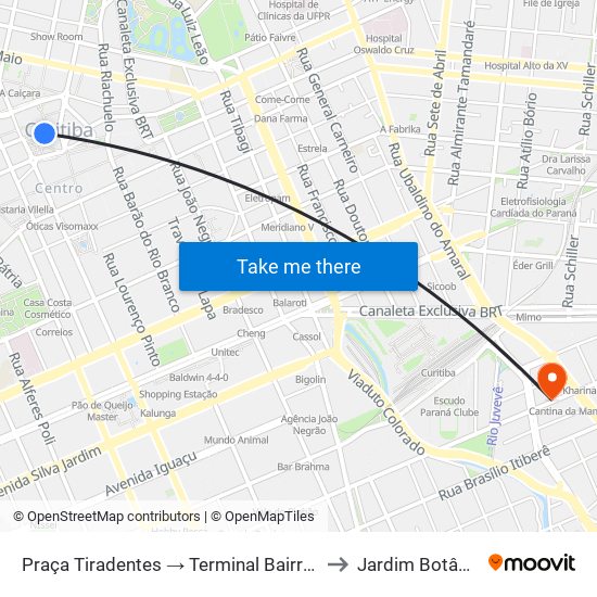 Praça Tiradentes → Terminal Bairro Alto to Jardim Botânico map