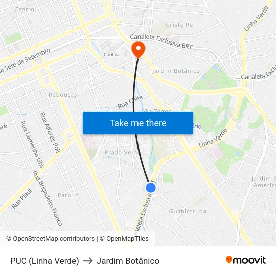 PUC (Linha Verde) to Jardim Botânico map