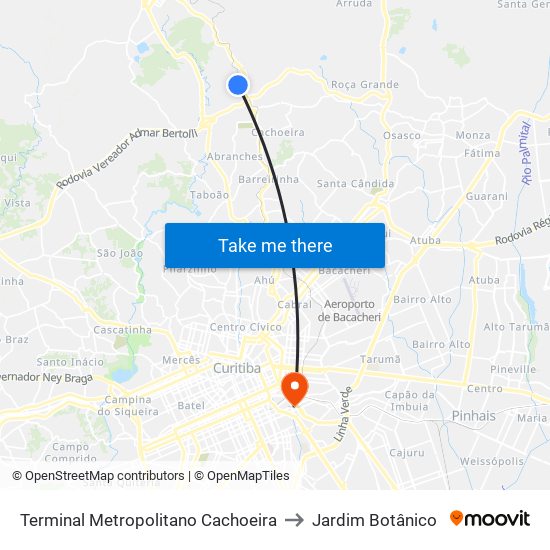 Terminal Metropolitano Cachoeira to Jardim Botânico map