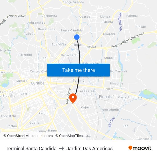 Terminal Santa Cândida to Jardim Das Américas map