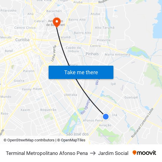 Terminal Metropolitano Afonso Pena to Jardim Social map