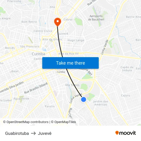 Guabirotuba to Juvevê map