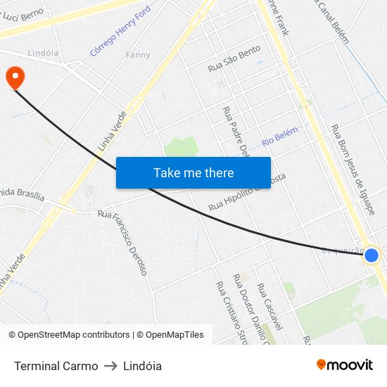 Terminal Carmo to Lindóia map