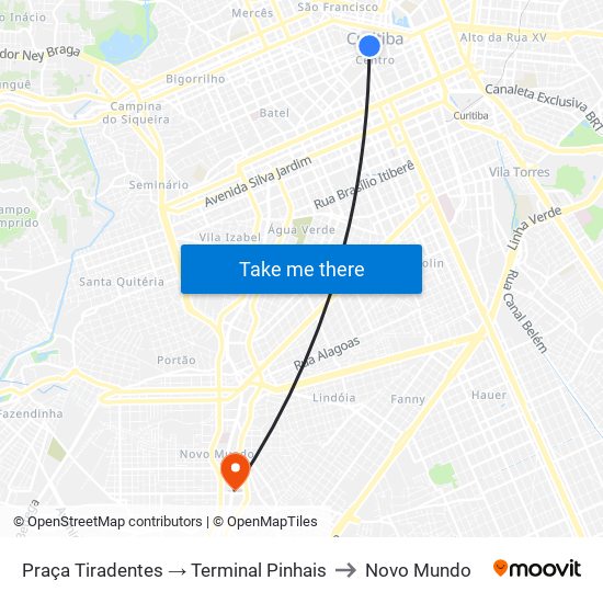Praça Tiradentes → Terminal Pinhais to Novo Mundo map