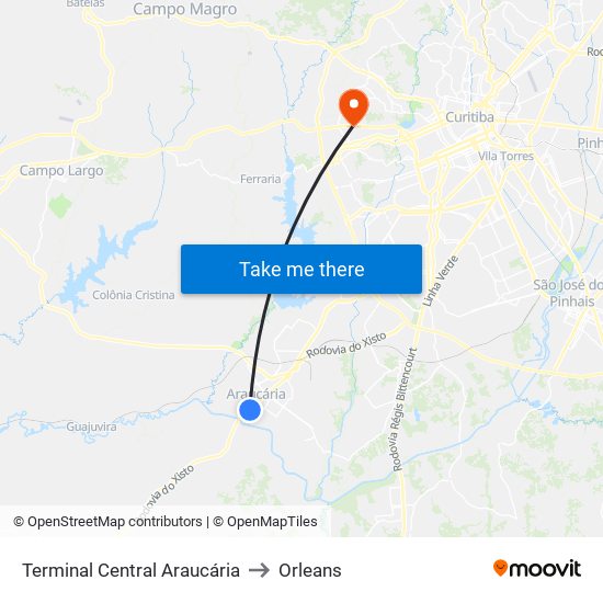 Terminal Central Araucária to Orleans map